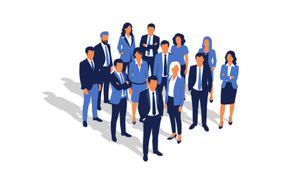 A diverse group of professionals in business attire standing together, showcasing teamwork and unity in a corporate setting.