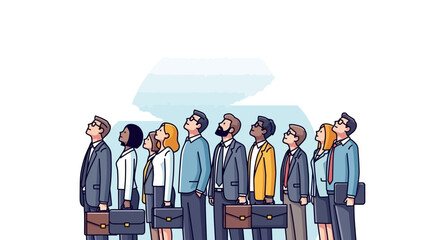 A diverse group of professionals in business attire stand in a line, looking upwards with hopeful expressions.