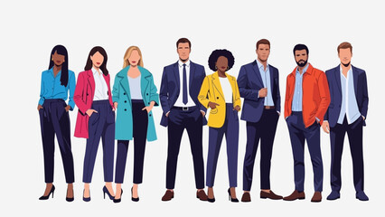 A diverse group of business professionals standing together, showcasing a variety of modern professional attire and confident stances.