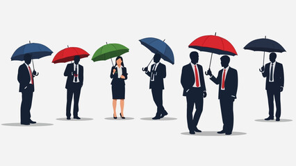 A diverse group of business professionals standing under colorful umbrellas, symbolizing protection and unity.
