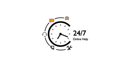 Circular representing a clock face with communication and service orbiting it on a solid white background signifying 24/7 online help and continuous digital assistance for users.