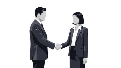 A man and a woman in business suits shaking hands, symbolizing a deal or agreement.
