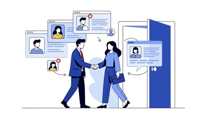 Two professionals shaking hands in front of a doorway with candidate profiles displayed on screens, symbolizing recruitment and hiring.