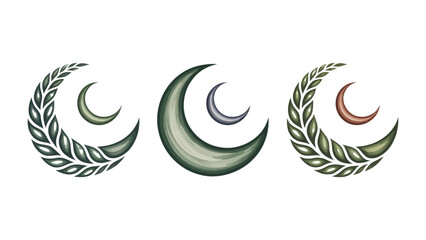 Obraz premium Celestial Crescent Trio: A collection of three serene crescent moon designs, each delicately adorned with leaves, evoke a sense of tranquil celestial symbolism.