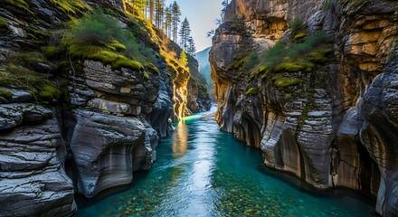 Deeply carved canyon walls flank a brilliant turquoise river flowing through a forested gorge