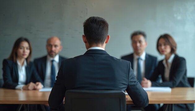 Man in suit faces interview panel of three people in office. Serious faces watch applicant during formal business meeting. Candidate awaits decision, job selection process.