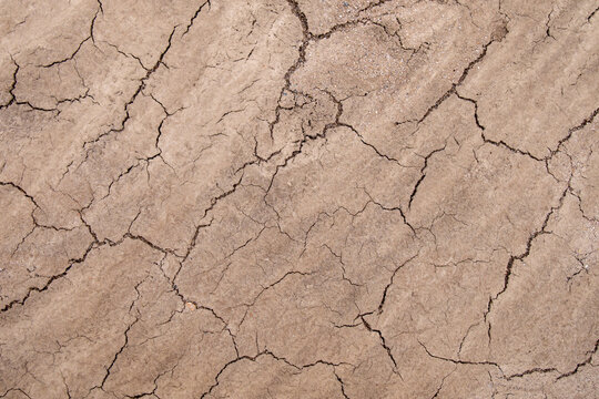 Soil texture. Dry, cracked silt ground, brown background, wallpaper.