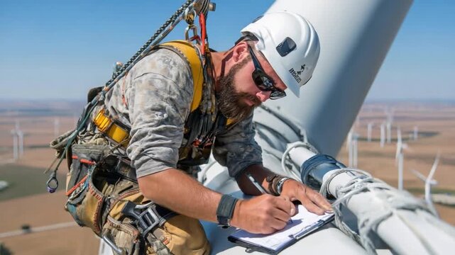 Wind Turbine Technician: A skilled technician, equipped with safety gear, meticulously inspects a wind turbine, symbolizing innovation and the green energy industry.