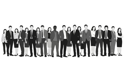 A diverse group of business professionals standing together in a line, showcasing teamwork and unity in a corporate setting.