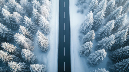 road in the middle of snow fir forest trees background, highway, winter 