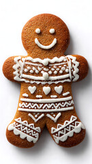 Gingerbread man cookie with icing decoration, isolated on a white background