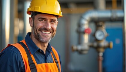 Smiling construction worker in yellow hard hat and safety vest checks water heater pipes. He works on heating system installation at a building site.