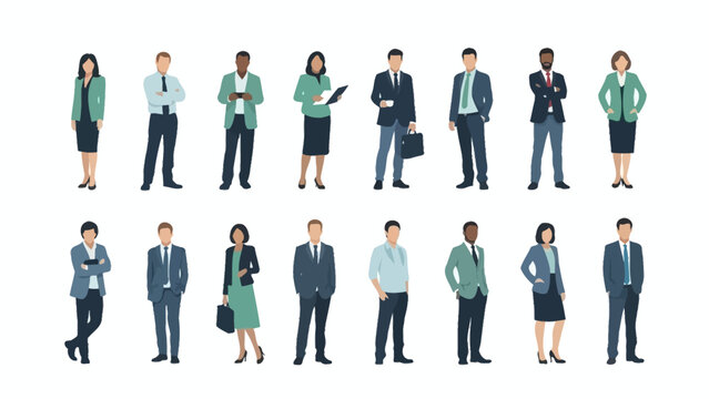 A diverse group of business professionals standing in two rows, showcasing a variety of attire and poses.