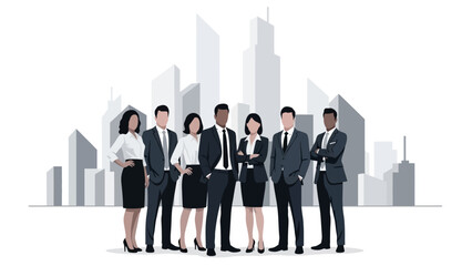 A diverse group of business professionals standing in front of a stylized city skyline.
