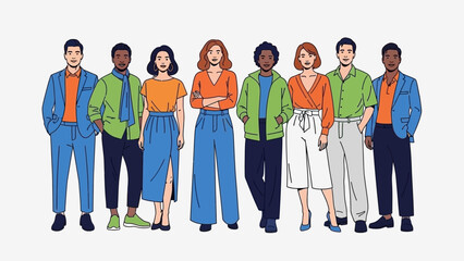 A diverse group of nine men and women standing together, showcasing a variety of ethnicities and styles.