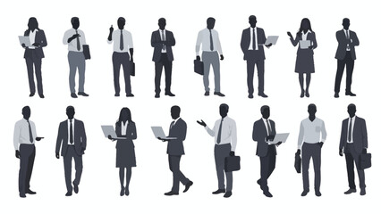 A collection of diverse business professionals depicted in silhouette, standing and holding various work-related items.