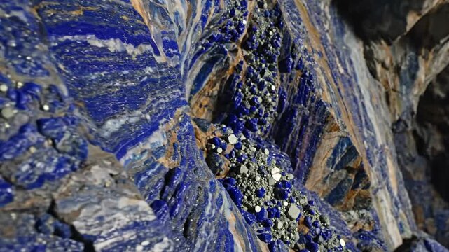 Lapis Lazuli Glints from Ancient Cavern Wall, Camera Slow Motion Capture