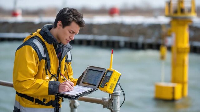 Engineer at Work: A focused engineer, donned in protective workwear, diligently records observations using a tablet, embodying precision and expertise in a professional environment.