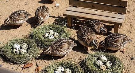Several small ground-dwelling birds surround small nests containing speckled eggs on sandy earth
