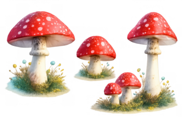 Toadstools growing from green grass, creating an enchanting fairytale scene with a whimsical background, transparent png