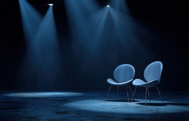 Two matching chairs on a dark stage lit by spotlights