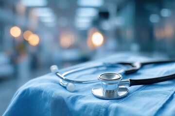 Medical stethoscope on a blue cloth in a blurred hospital background