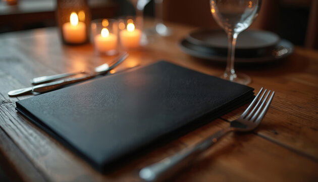 Black menu rests on wooden table near candles and wine glasses. Place setting awaits diner with fork and knife. Ambiance suggests fine dining event.