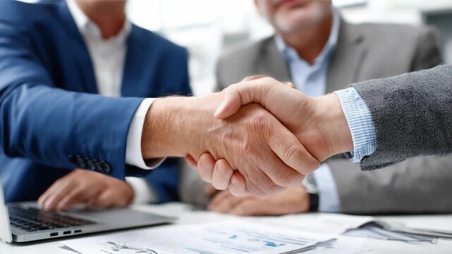 Deal Sealed: An image of a close-up handshake symbolizes agreement between two business professional. Capturing the essence of teamwork and agreement in the workspace. 