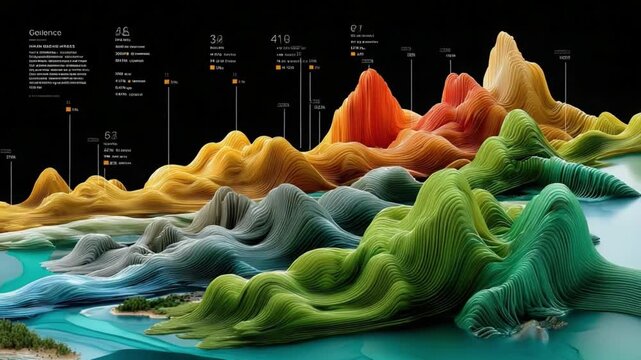 Vibrant Data Mountains: A stunning, artistic visualization of complex data, rendered as colorful mountain ranges, demonstrating the beauty and insight of information visualization.