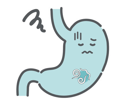 胃アニサキス症のイラスト（胃の中で暴れる寄生虫）