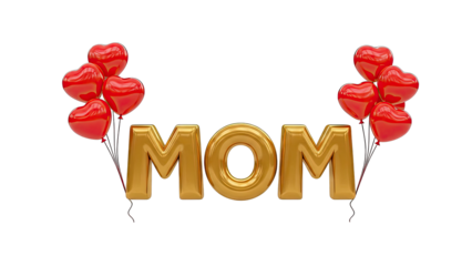 Golden "MOM" with Red Heart Balloons