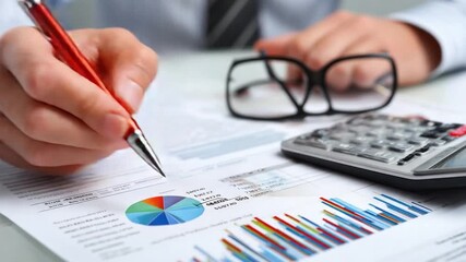 Analyzing the Financials: A close-up view depicts a professional meticulously reviewing financial documents with pen in hand, accompanied by calculator and glasses. - Powered by Adobe