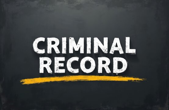 Large white letters spell CRIMINAL RECORD on dark chalkboard. Yellow line underlines text. Grunge style. For legal or justice themes. Relevant for background.