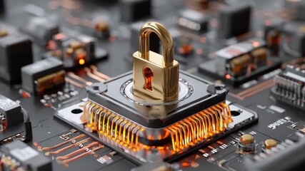 Secure Circuit: A close-up view of a high-tech circuit board with a golden padlock resting on a chip, highlighting data security and cyber protection. - Powered by Adobe
