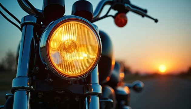 Motorcycle headlight shines brightly at sunset. Blue sky and orange sun create a scenic journey vibe. Chrome details gleam on this classic vehicle.