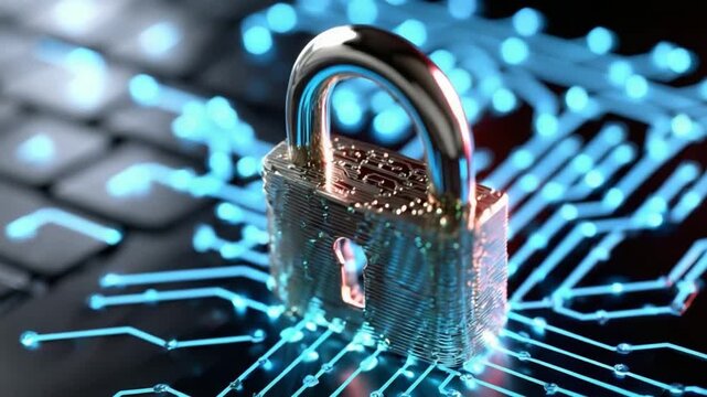Digital Fortress: A secure digital padlock, gleaming with resolve, stands sentinel atop a motherboard, its glowing circuits underscoring the essence of safety.