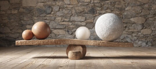 Wooden balance scale with spherical objects