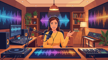 Cheerful female podcast host in a professional studio with digital audio waveform displays, concept for streaming content, media promotion and sound engineering