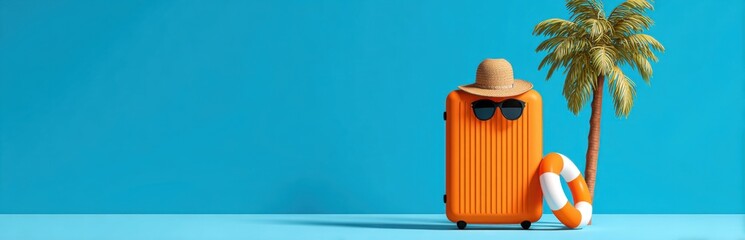 Orange suitcase with summer accessories on a light-blue background