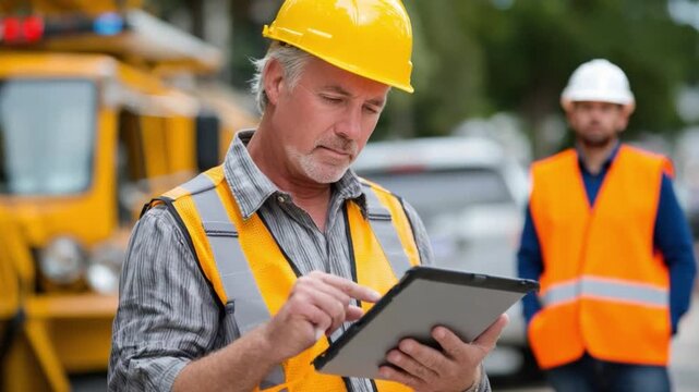 Construction Project Oversight: A seasoned foreman, clad in a safety vest and hard hat, intently reviews plans on a digital tablet at the construction site.