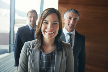 Pride, portrait and team with business woman in office for about us, leadership and court case solidarity. Legal partnership, synergy and collaboration with employees on law firm for policy advocacy