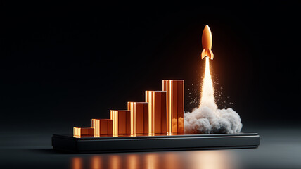 Rocket launching from an ascending bar chart symbolizing startup growth business expansion and accelerated success.
