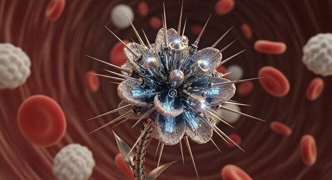 3D illustration of a robotic nanobot flower in the bloodstream representing advanced nanotechnology biotechnology and medical microbots targeting red blood cells for future disease treatment research