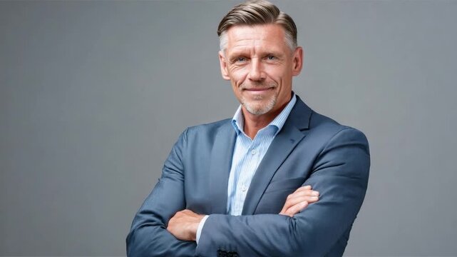 Confident Executive: A distinguished professional exudes confidence and authority, gazing directly at the viewer with a subtle smile.