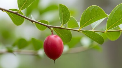 A bright red fruit hangs from a twig with green leaves set against a blurred green background