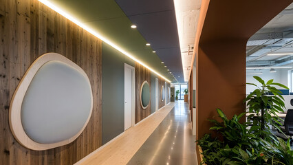 Neuro-Inclusive Workplace Design in Modern Office Corridor with Wooden Walls and Green Plants