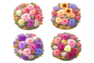 Four colorful flower arrangements offering beauty, nature, and abundance on a transparent background