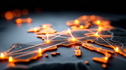 Glowing network connections over a world map representing global communication data exchange and international digital connectivity.
