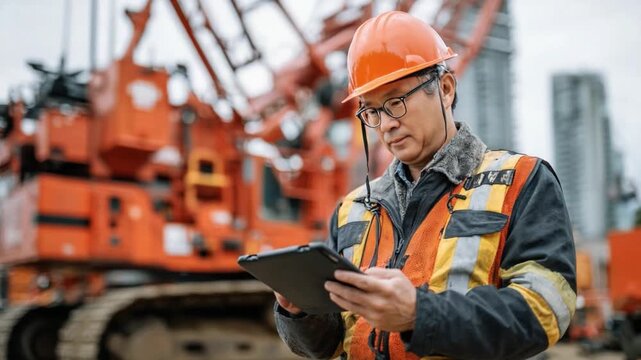Construction Inspector's Oversight: An experienced construction inspector, meticulously reviewing plans on a tablet at a bustling construction site.
