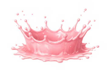 Pink liquid splashes upwards, forming a dynamic crown shape with flying droplets, illustrating a delicious yogurt or strawberry milk
